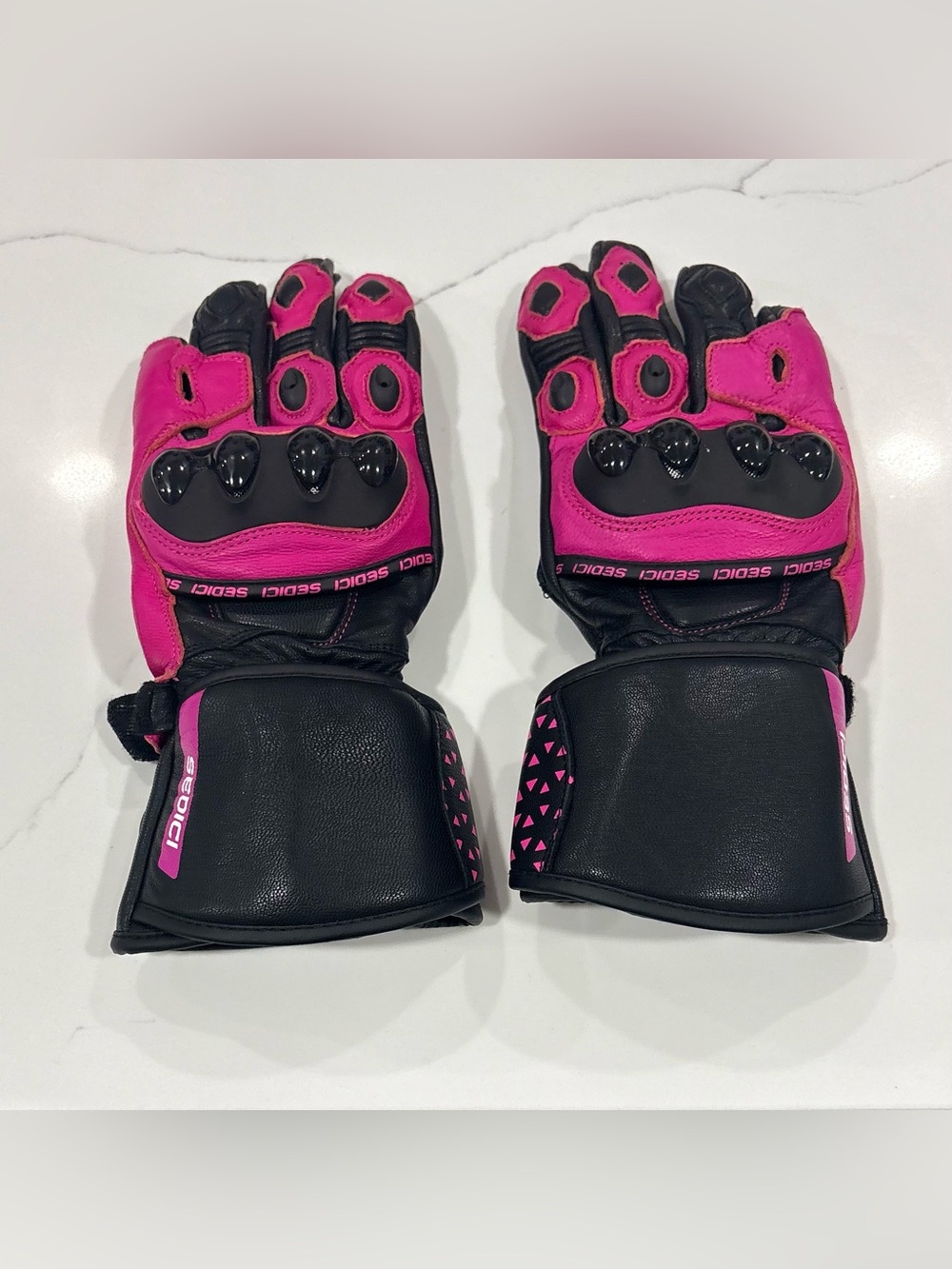 Sedici Pink & Black Leather Motorcycle Racing Gauntlet Gloves Women's Size M